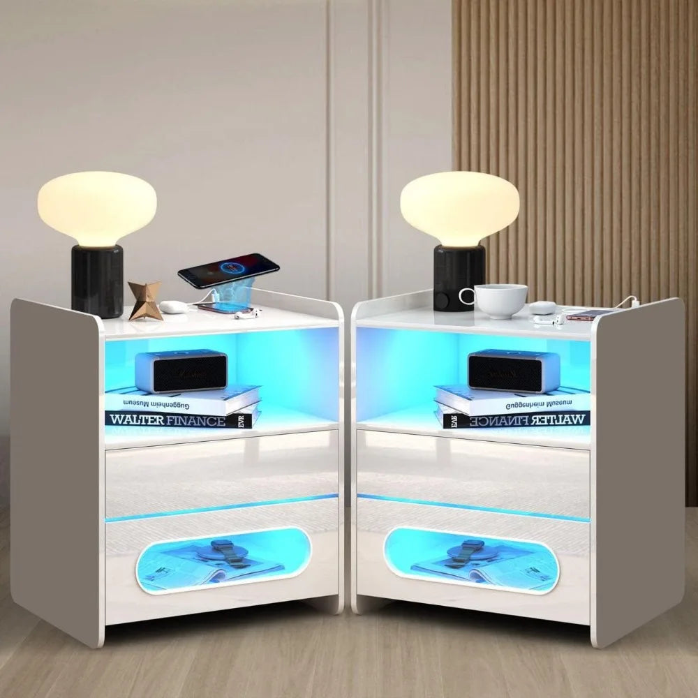 Nightstand with Wireless Charging Station and LED Lights