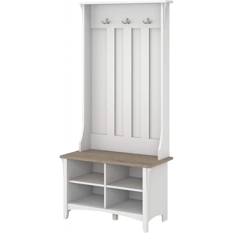 Entryway Small Bench with Adjustable Shelves and Coat Rack