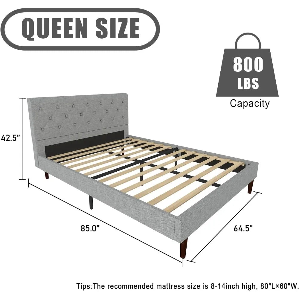 Queen Size Bed Frame Platform with Upholstered Headboard