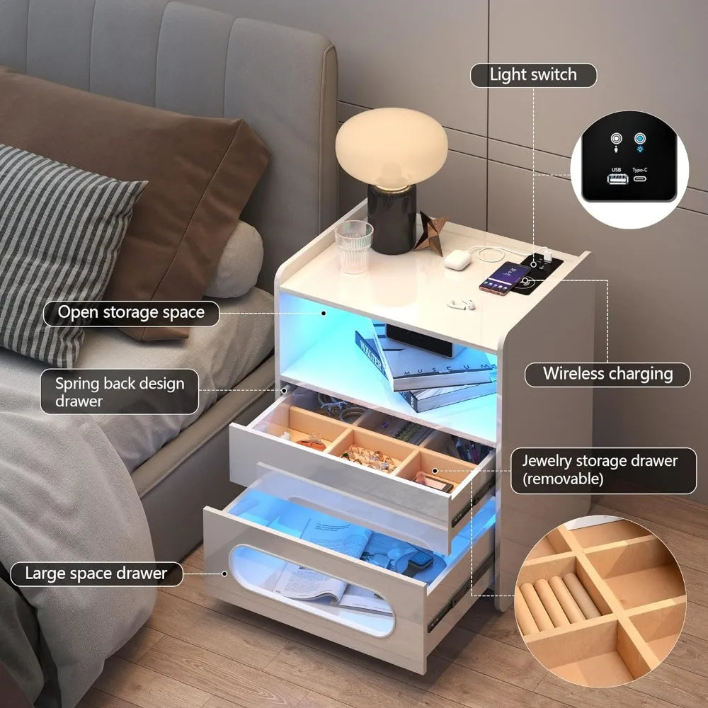 Nightstand with Wireless Charging Station and LED Lights