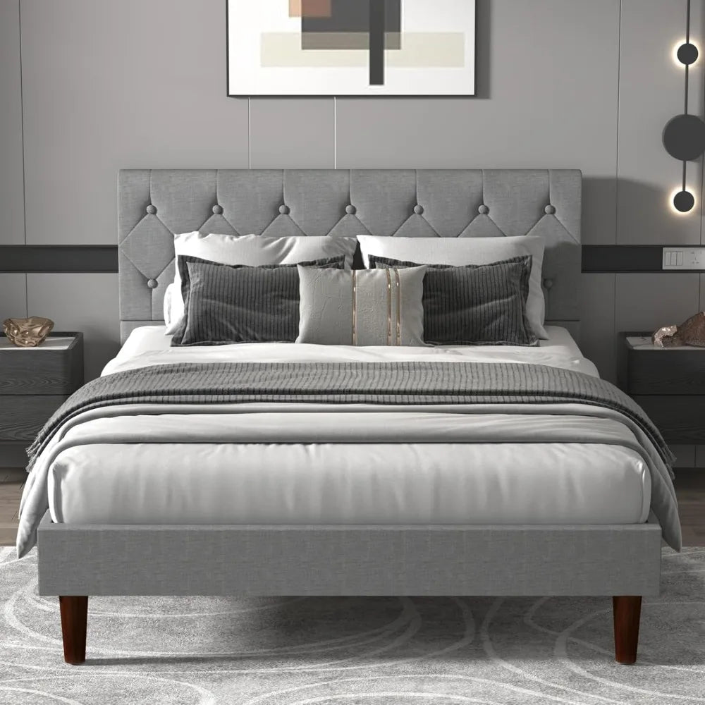 Queen Size Bed Frame Platform with Upholstered Headboard