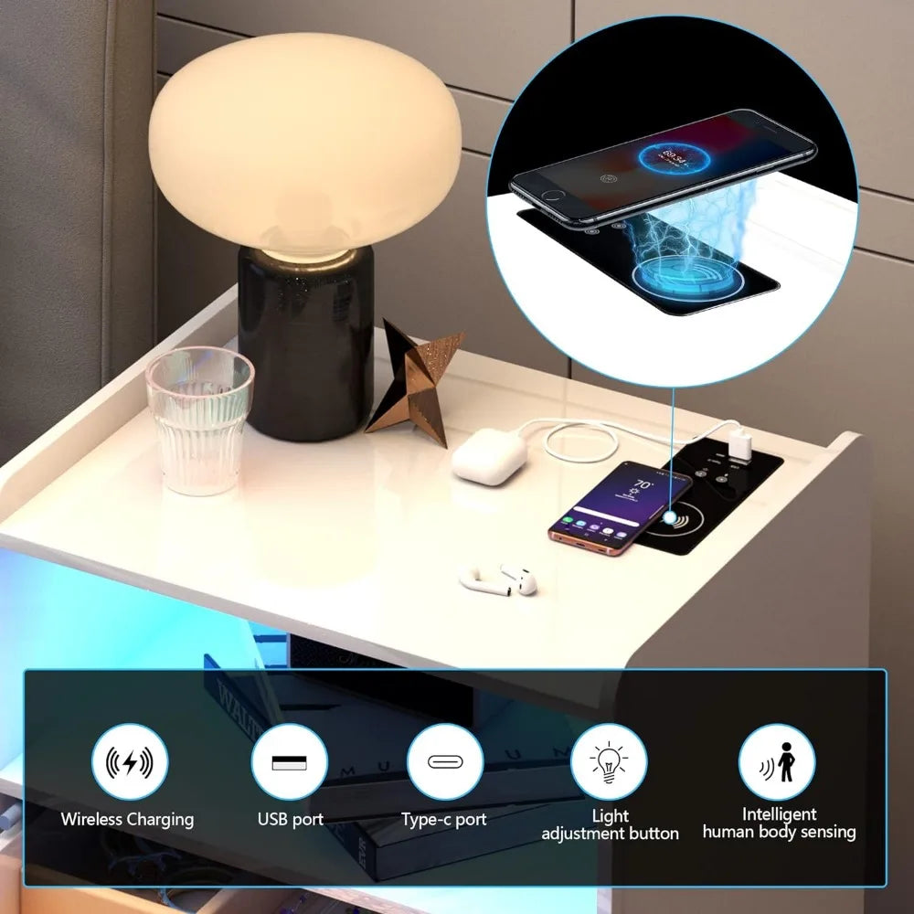 Nightstand with Wireless Charging Station and LED Lights