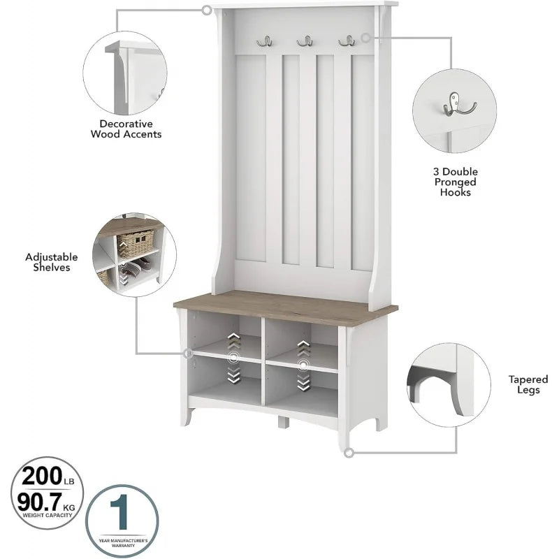 Entryway Small Bench with Adjustable Shelves and Coat Rack