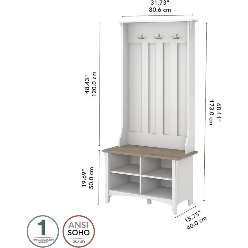 Entryway Small Bench with Adjustable Shelves and Coat Rack